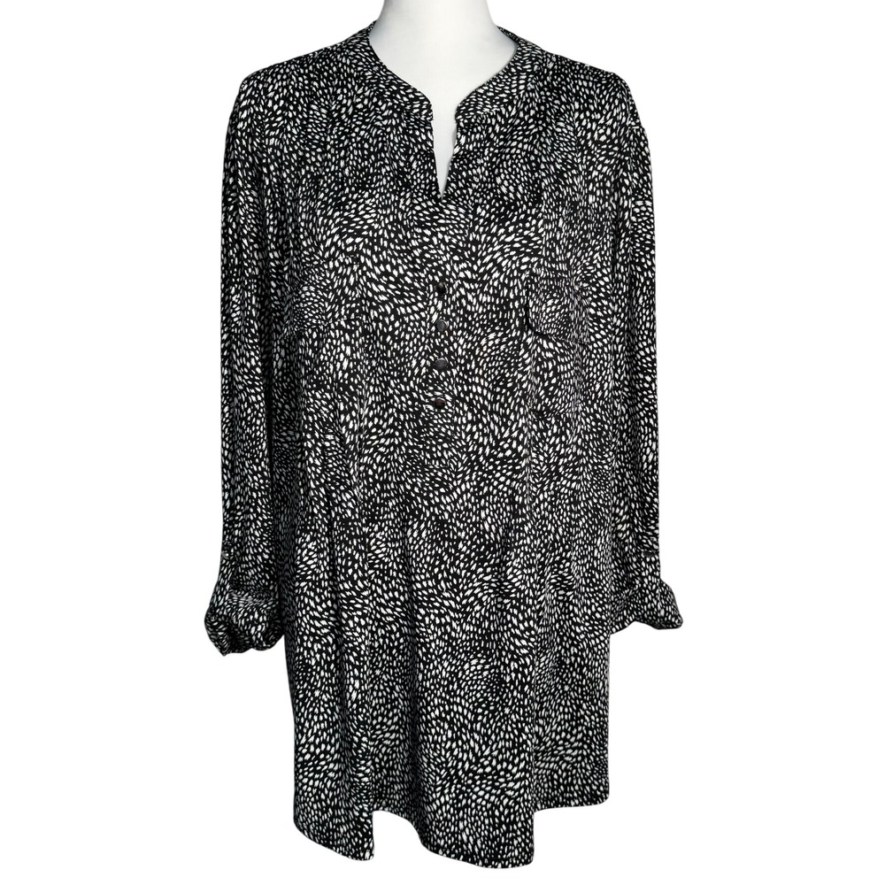 COCOMO Women's 3X Black White Abstract Print V Neck Long Sleeve Tunic Top Blouse